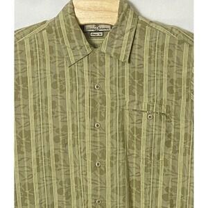 Tommy Bahama Silk Hawaiian Shirt L Green Floral Jacquard Silk Blend Short Sleeve